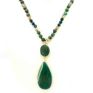 Beautiful Green Stone Agate Champagne Crystal Beads Long Necklace J844